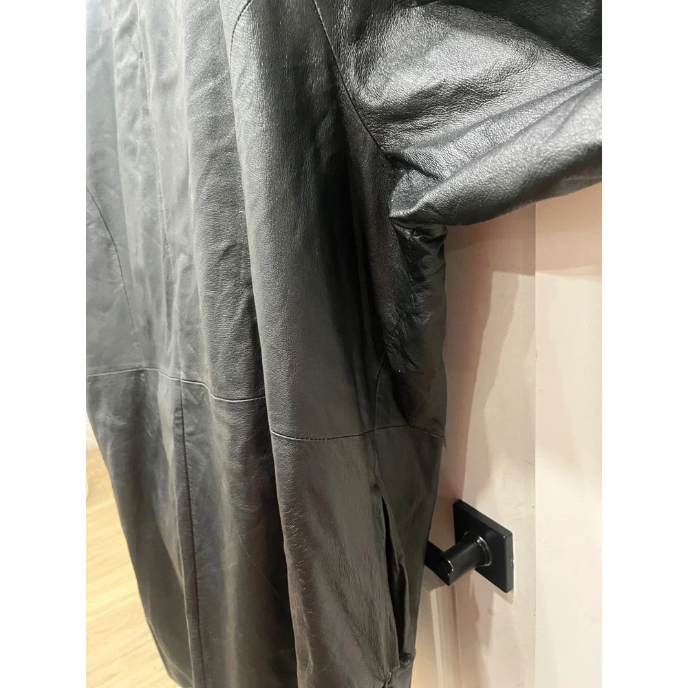 Mens Black Leather Trench Coat Pink Trim‎ Duster Jacket Outerwear Venezia